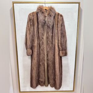 VTG Mink Fur Coat w/ Fox Collar Full Length Brown Luxury Glam Old Hollywood sz L